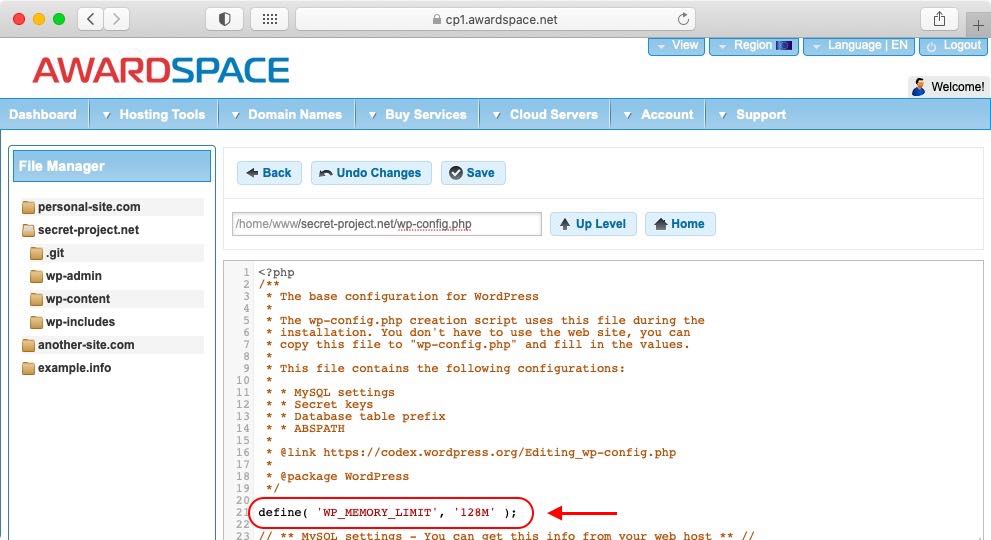 You can add the directive to increase the WordPress memory limit on an empty line in the wp-config.php file.