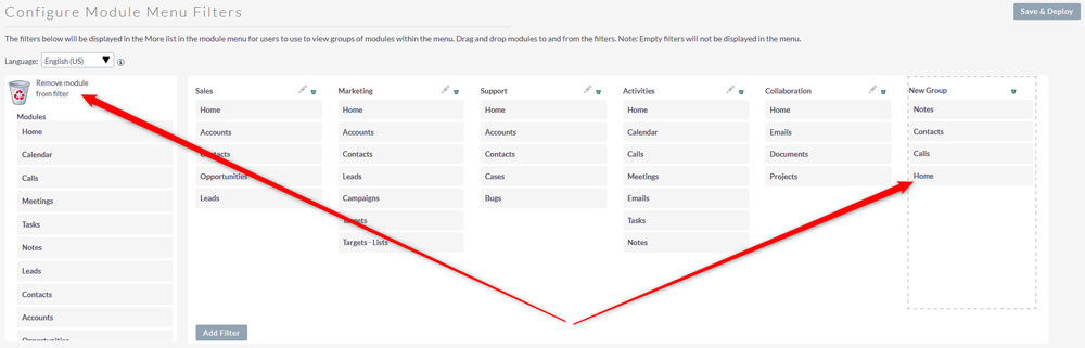 Remove menu items by dragging and dropping them in the bin icon