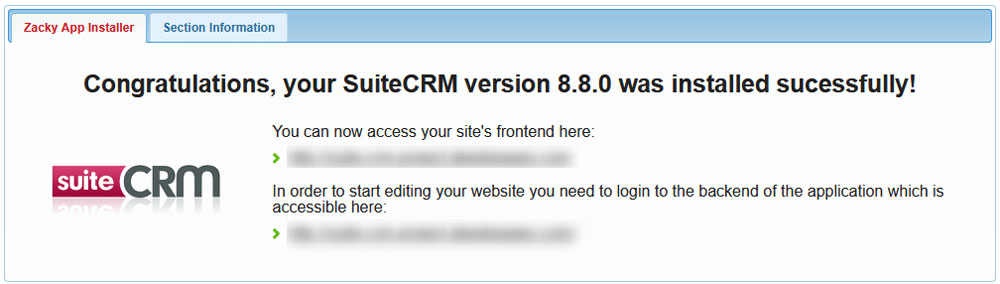 SuiteCRM installation confirmation message