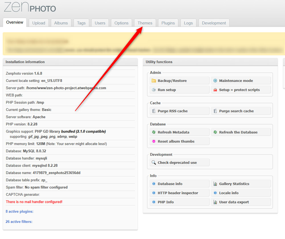 Access the Zenphoto themes tab