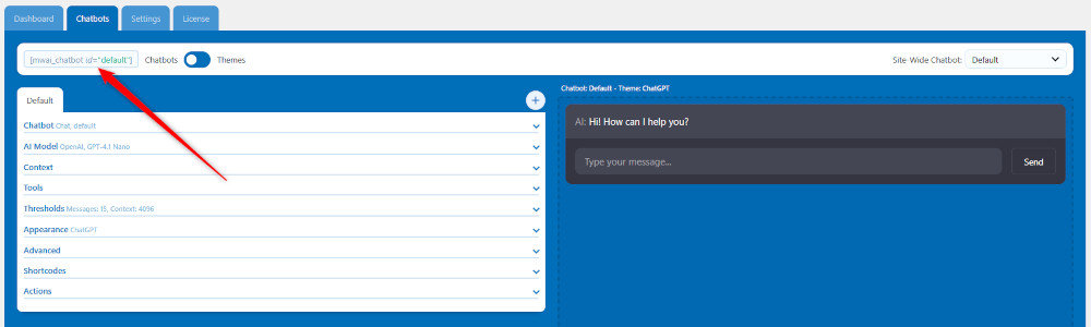 Copy the code snippet, so you can insert it in the pages you wish to display the ChatGPT functionality
