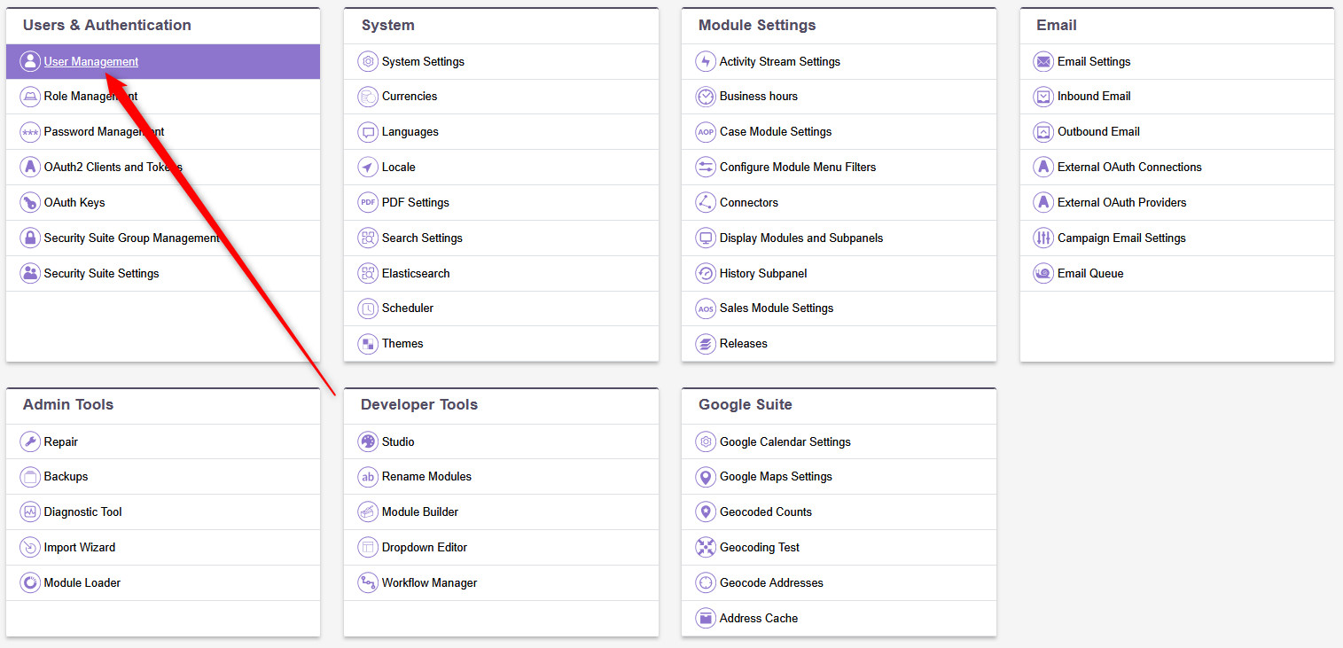 head to the User Management page in SuiteCRM