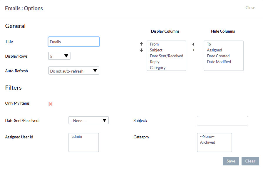 SuiteCRM dashlet settings menu