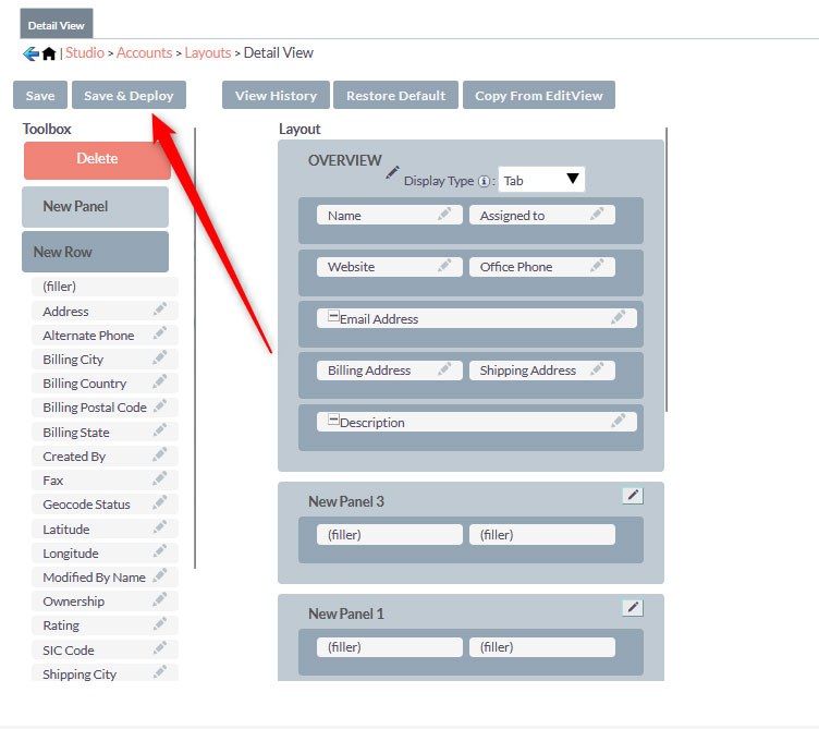 Save & Deploy button to make SuiteCRM apply and save your settings