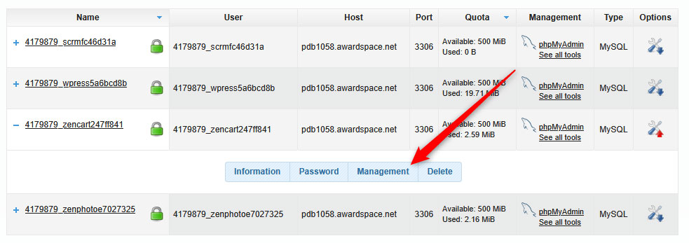 Select Management, so to download your Zen Cart database files