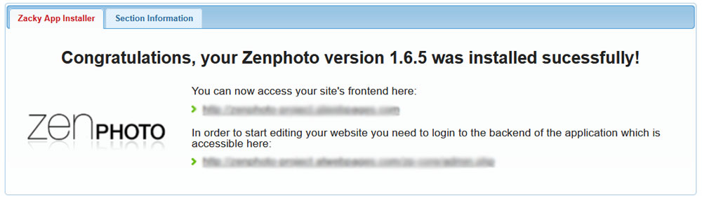 Zenphoto completed installation message