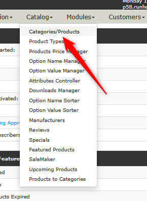 Categories and Products page in Zen Cart Admin Panel