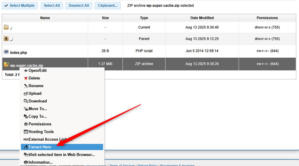 Extract the zipped plugin files on the AwardSpace server