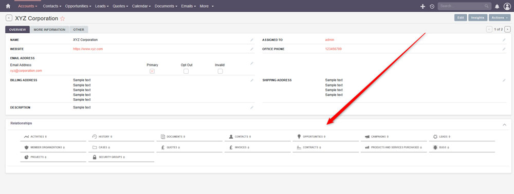Browse the relationships in SuiteCRM