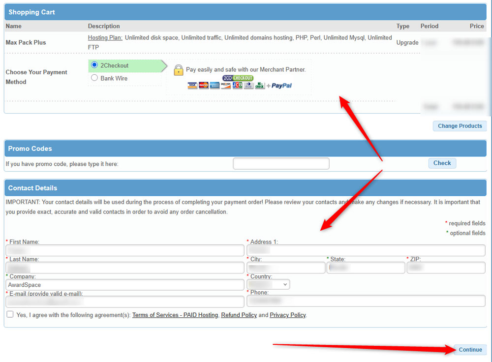 Add account details and review the order