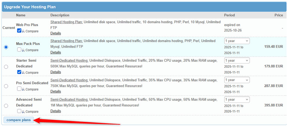 Click the Compare button to check how the hosting services differentiate from each other