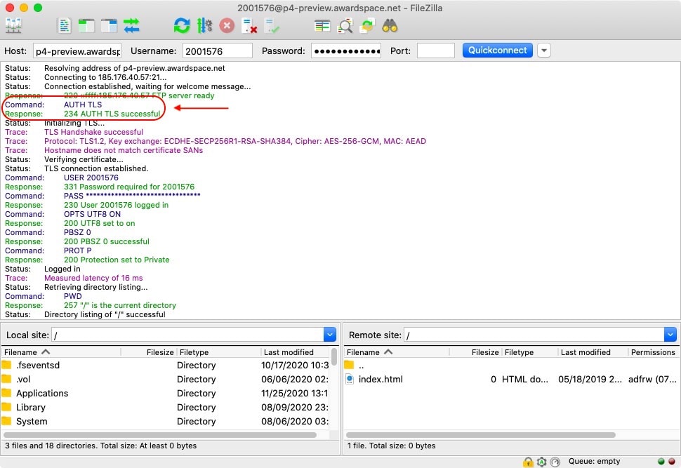 You can confirm that your FTP connection is protected by searching the connection log for the AUTH TLS or AUTH SSL command. If you see that either of those two commands has been successfully executed, then you have a secure FTPS connection.
