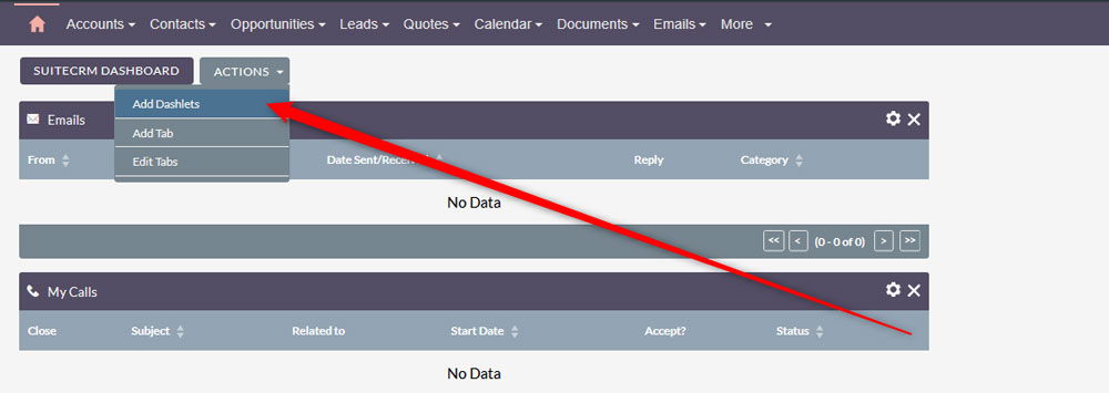 Add dashlets button in SuiteCRM