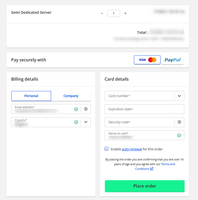 Place order page for your semi-dedicated hosting plan