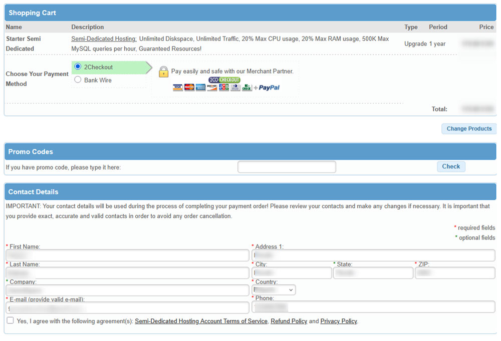 Fill in your account details to proceed with your hosting plan purchase