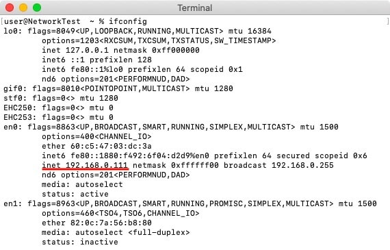 The command ifconfig can reveal your private IP address in macOS and Linux.