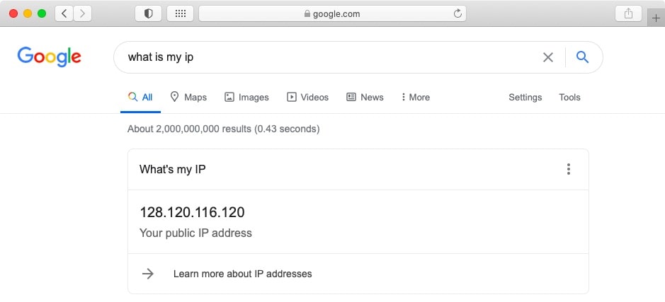 You can find your public IP address by asking your favorite search engine.