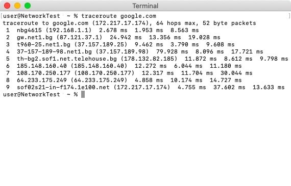 It usually takes several hops, and, in turn, network devices, to reach your destination on the web. In this example, it can be seen that nine hops are needed to reach Google's server.