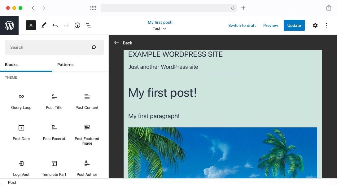 The Template Editor has access to FSE-specific blocks like Site Title, Post Title, Log in/out buttons, and more.